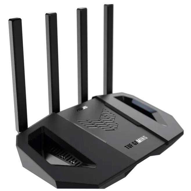 A large main feature product image of ASUS TUF-BE3600 Dual Band WiFi 7 Gaming Router
