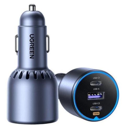 A large main feature product image of UGREEN 130W USB 3-Port Fast Car Charger w/ 100W Cable