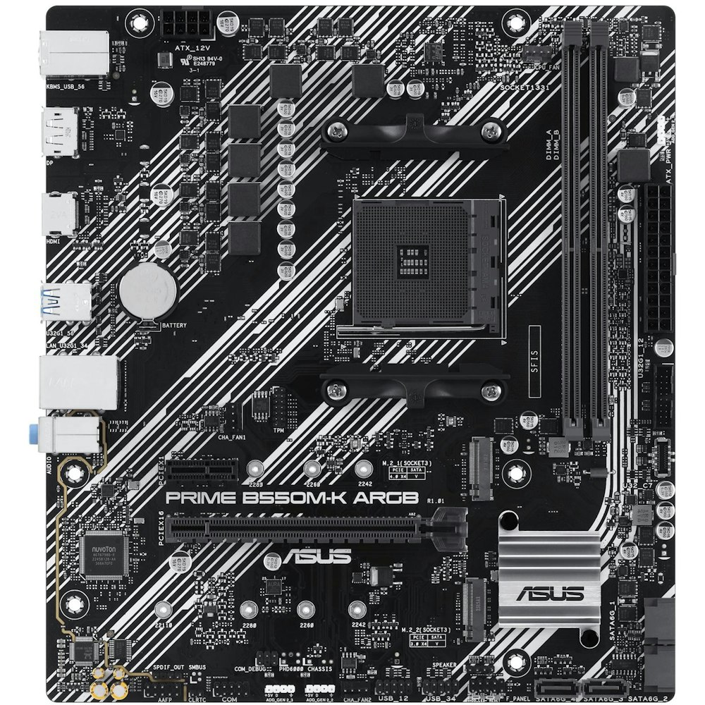 A large main feature product image of ASUS PRIME B550M-K ARGB AM4 ATX Desktop Motherboard