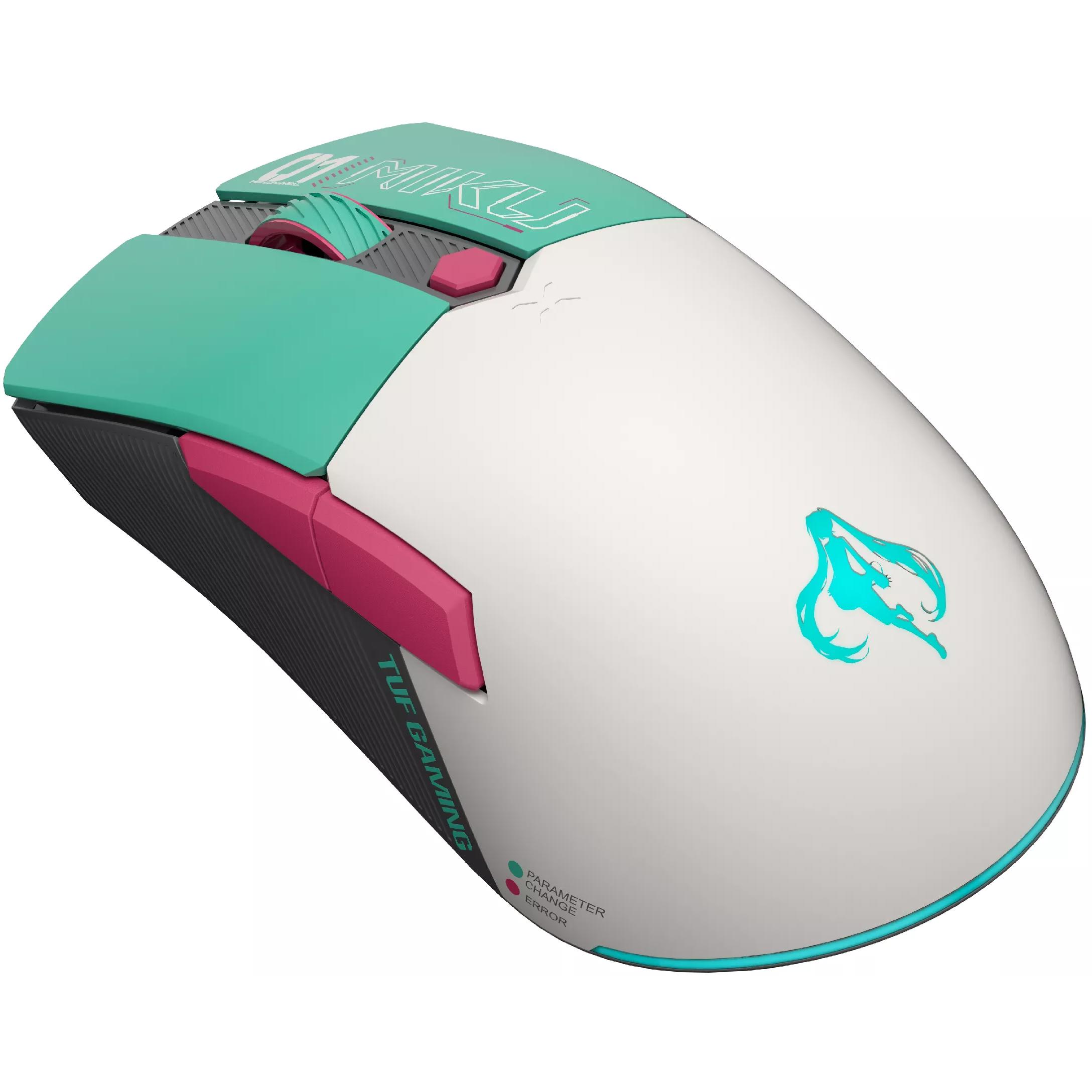 A large main feature product image of ASUS TUF Gaming Mini Wireless Gaming Mouse - Hatsune Miku Edition