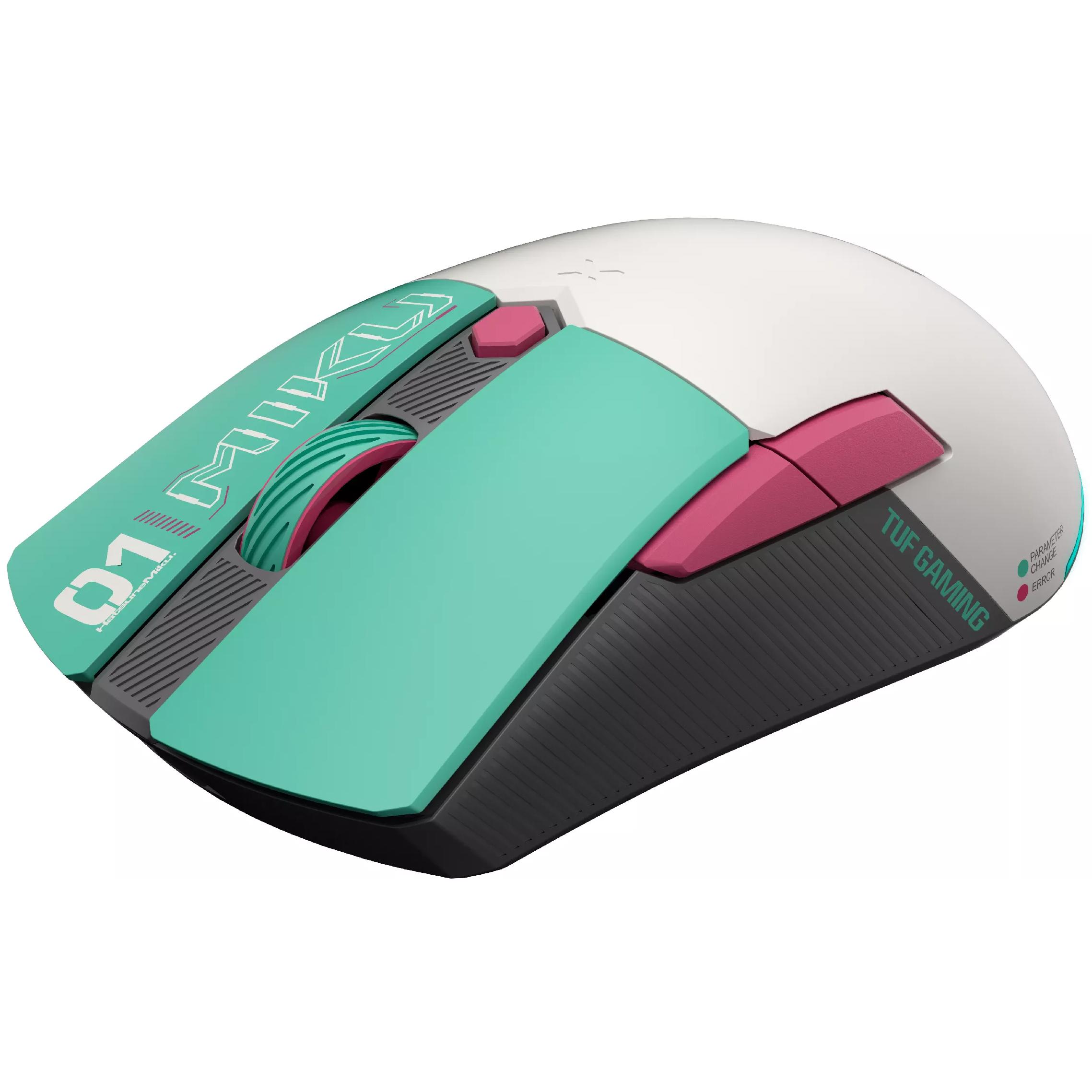A large main feature product image of ASUS TUF Gaming Mini Wireless Gaming Mouse - Hatsune Miku Edition