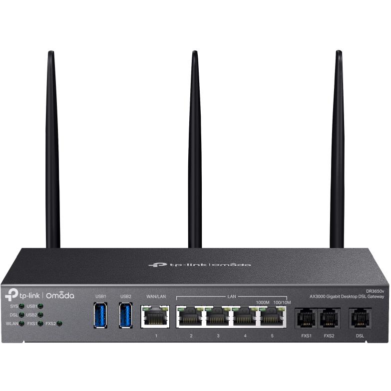 A large main feature product image of TP-Link Omada DR3650v - Omada AX3000 Wi-Fi 6 Modem Router