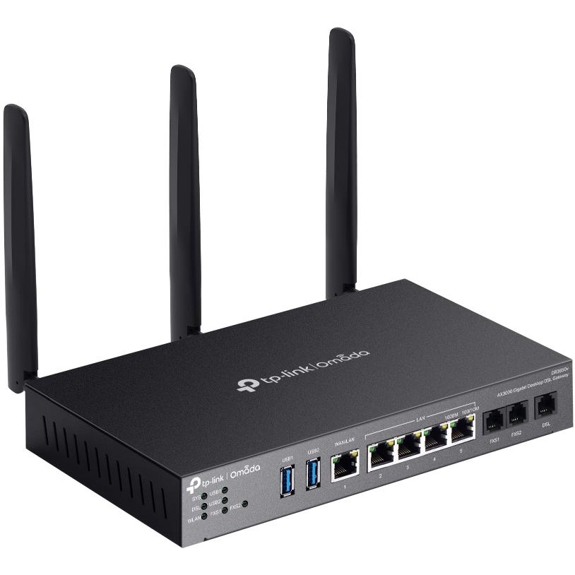 A large main feature product image of TP-Link Omada DR3650v - Omada AX3000 Wi-Fi 6 Modem Router