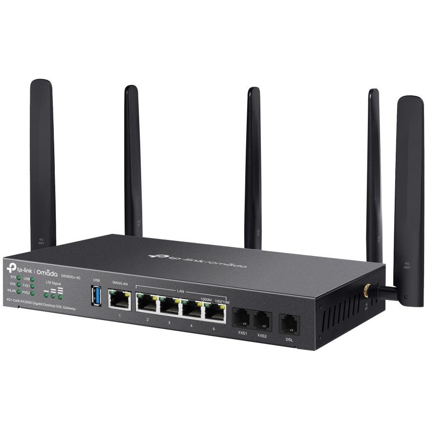 A large main feature product image of TP-Link DR3650v 4G - Omada 4G+ Cat6 AX3000 Wi-Fi 6 Modem Router