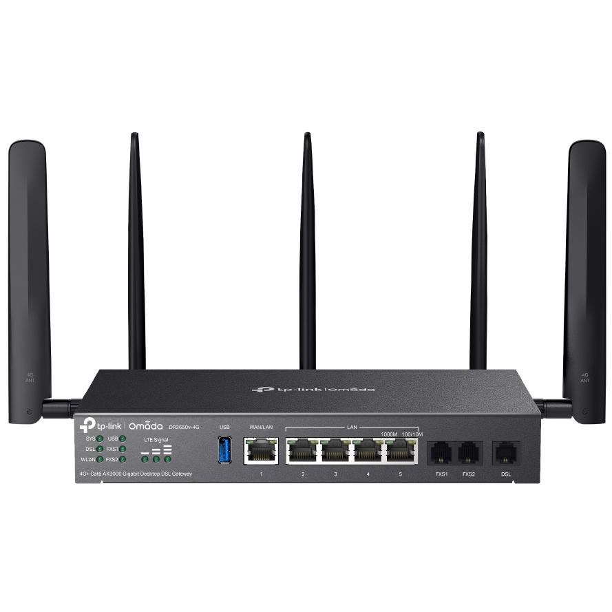 A large main feature product image of TP-Link DR3650v 4G - Omada 4G+ Cat6 AX3000 Wi-Fi 6 Modem Router