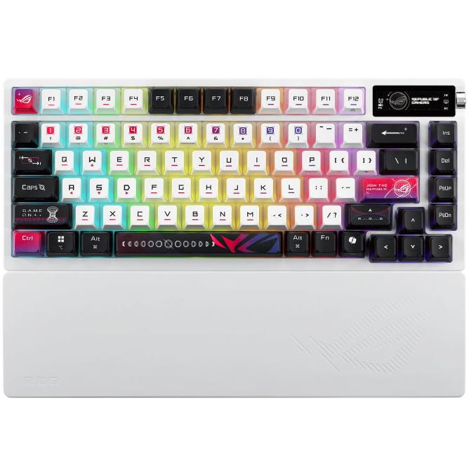 A large main feature product image of ASUS ROG Azoth X 75% Wireless Mechanical Gaming Keyboard - NX Storm Switch (White)