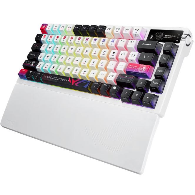 A large main feature product image of ASUS ROG Azoth X 75% Wireless Mechanical Gaming Keyboard - NX Storm Switch (White)