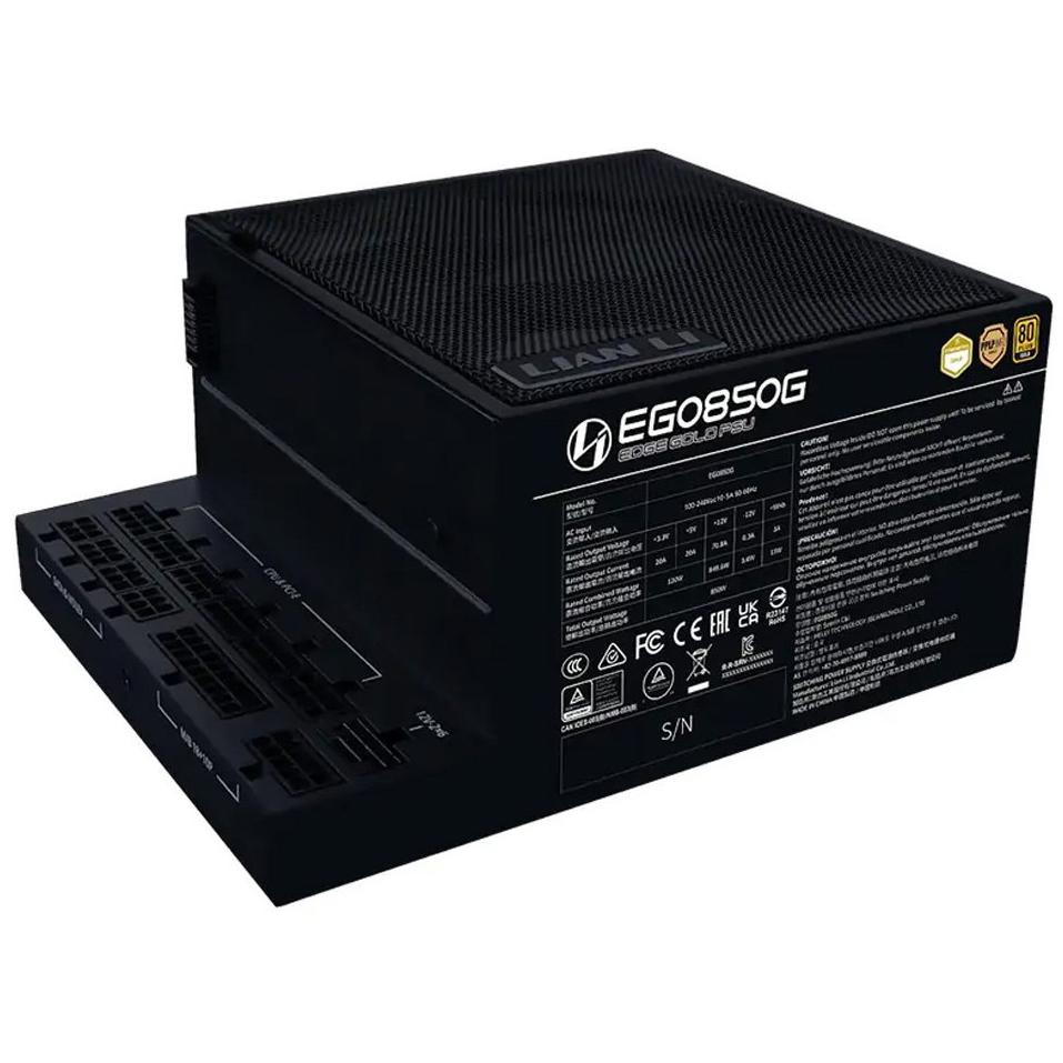 A large main feature product image of Lian Li Edge 850W Gold PCIe 5.1 ATX 3.1 Modular PSU (Black)