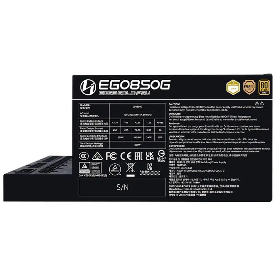 A large main feature product image of Lian Li Edge 850W Gold PCIe 5.1 ATX 3.1 Modular PSU (Black)