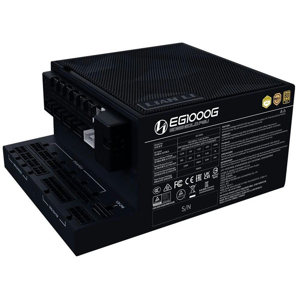 A large main feature product image of Lian Li Edge 1000W Gold PCIe 5.1 ATX 3.1 Modular PSU w/ Edge Hub (Black)