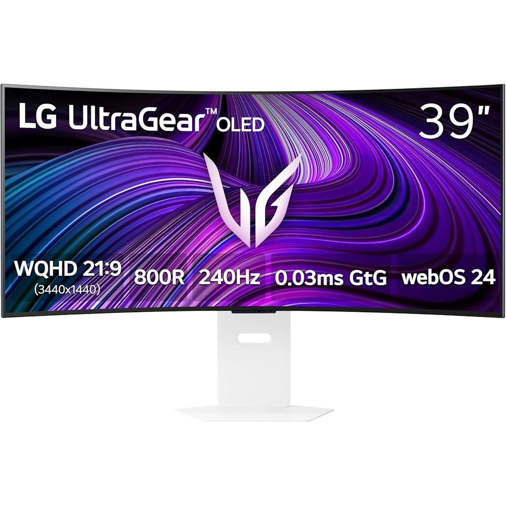 A large main feature product image of LG UltraGear OLED 39GX90SA-W - 39" Curved 1440p Ultrawide 240Hz 0.03ms Gaming Monitor (White)