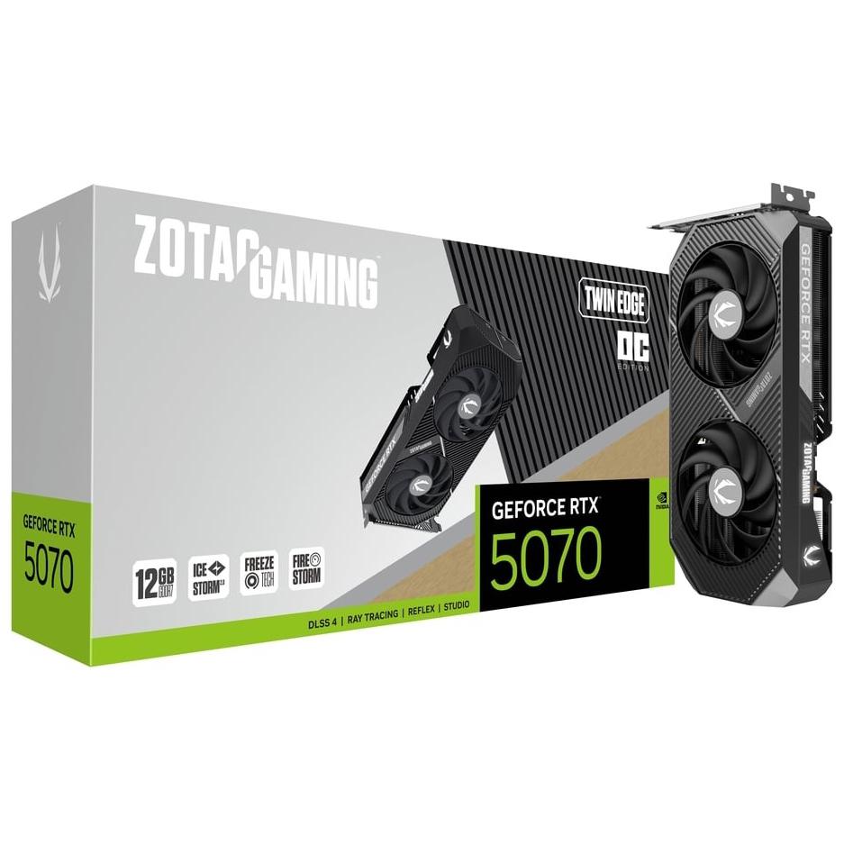 A large main feature product image of ZOTAC Gaming GeForce RTX 5070 Twin Edge OC  12GB GDDR7