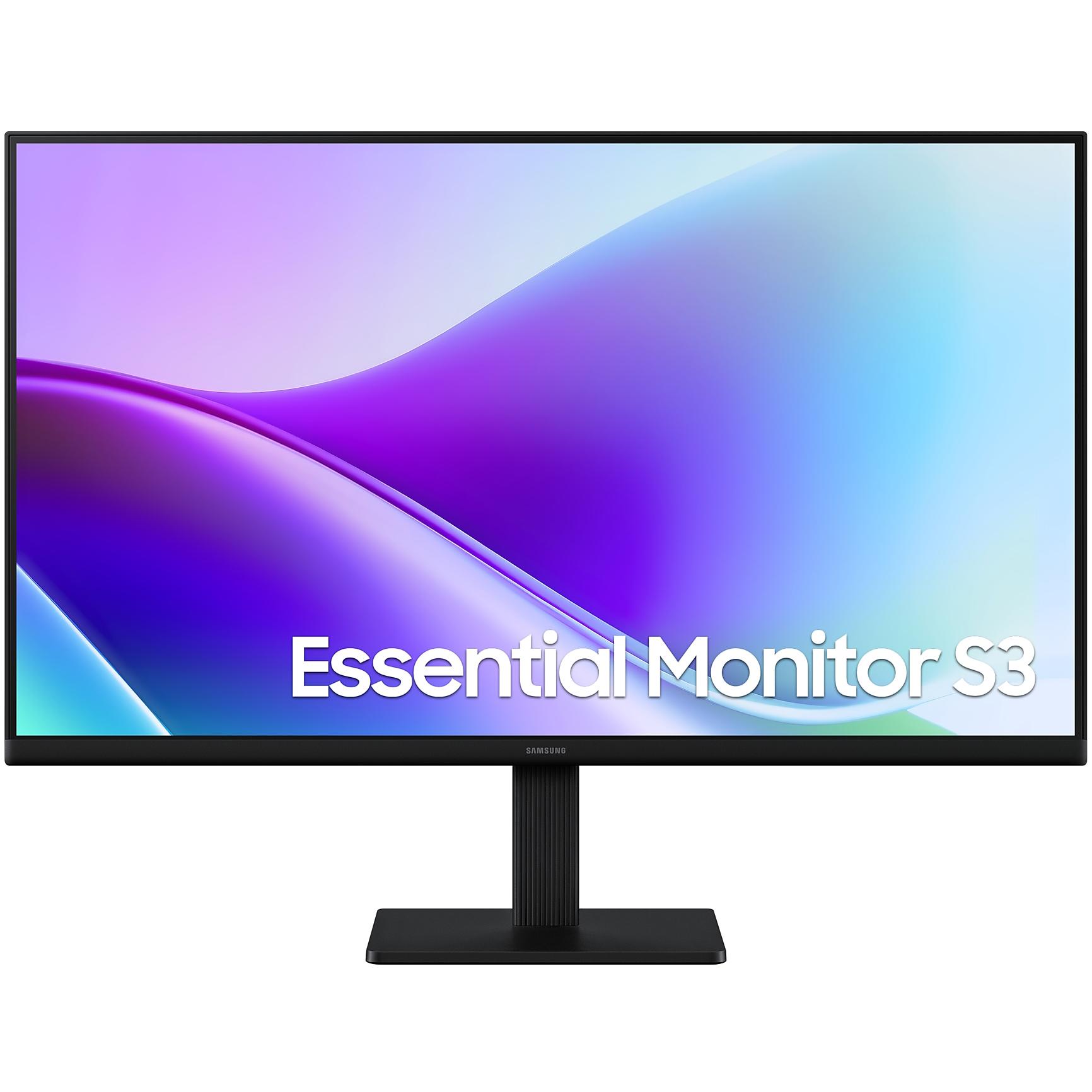 A large main feature product image of Samsung Essential S3 S32GF - 27" 1080p 120Hz IPS Monitor