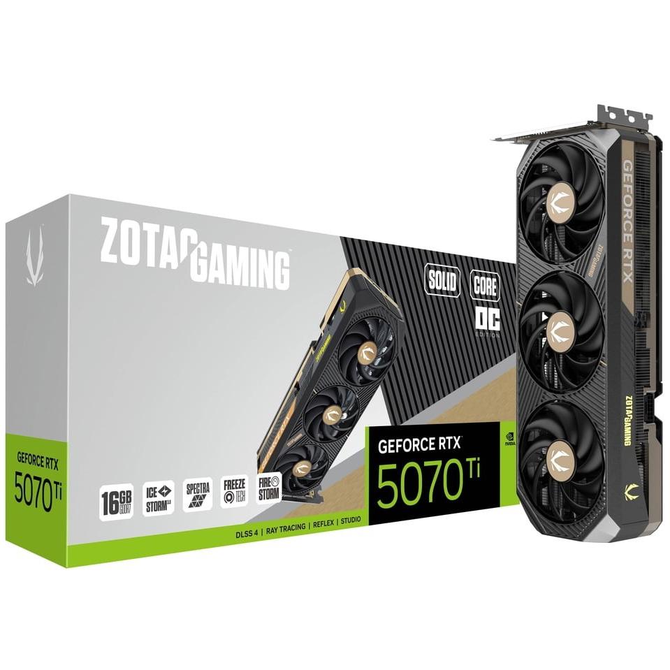 A large main feature product image of ZOTAC Gaming GeForce RTX 5070 Ti Solid Core OC 16GB GDDR7
