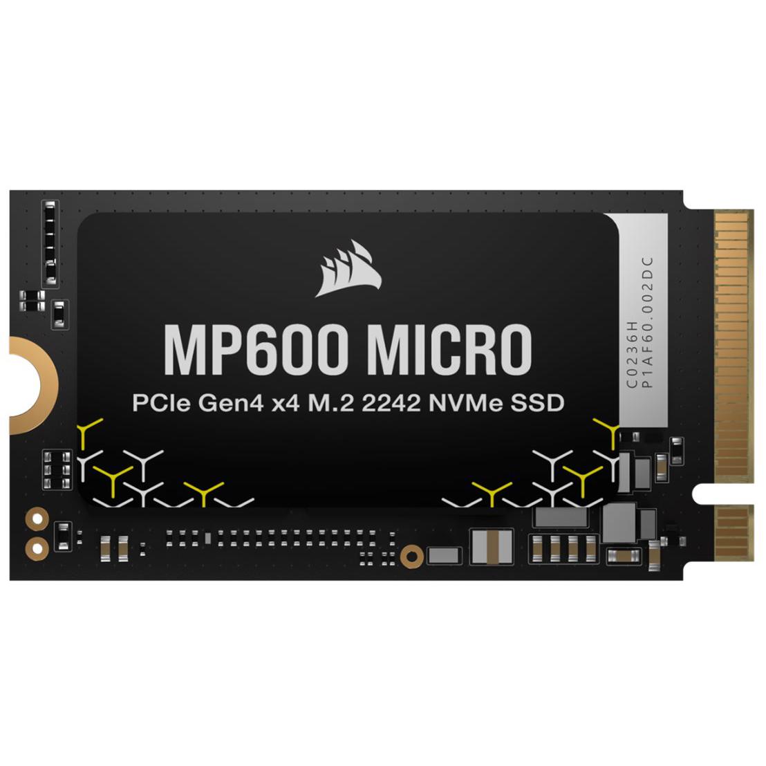 A large main feature product image of Corsair MP600 MICRO PCIe Gen4 NVMe M.2 2242 SSD - 2TB