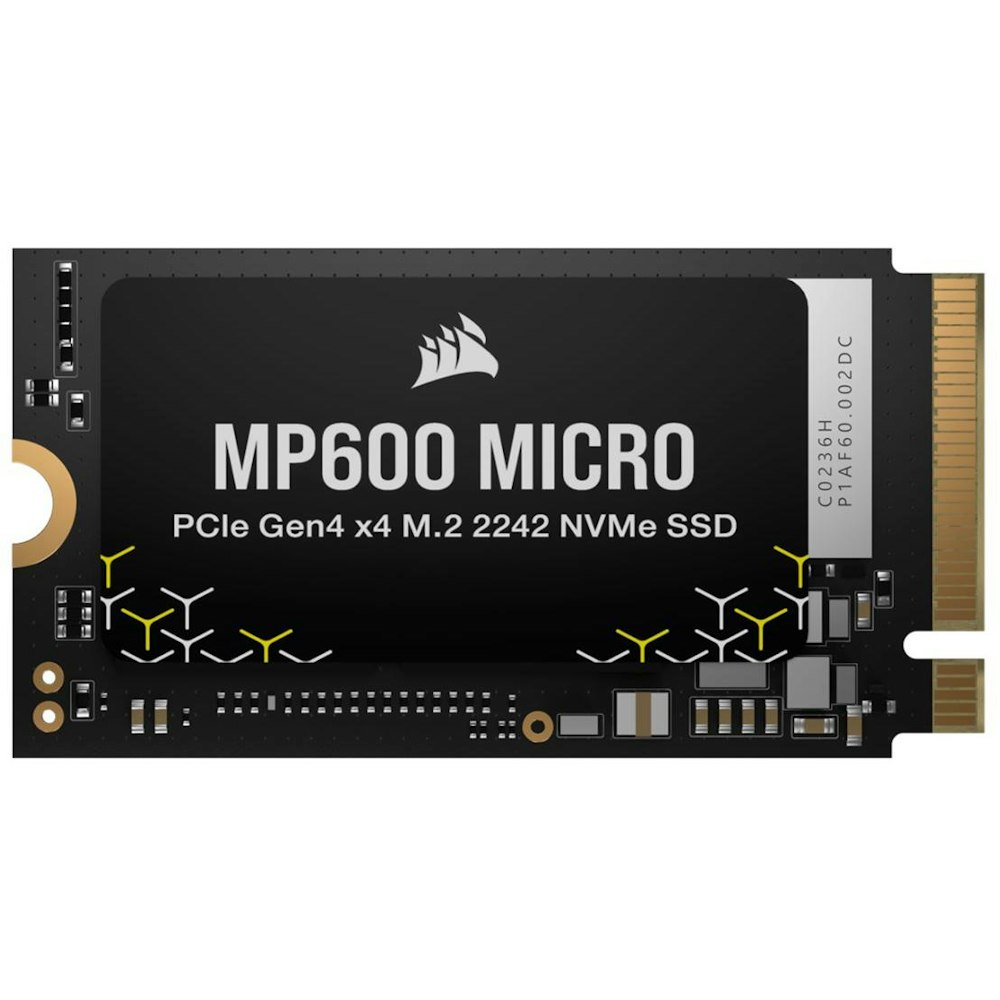 A large main feature product image of Corsair MP600 MICRO PCIe Gen4 NVMe M.2 2242 SSD - 2TB