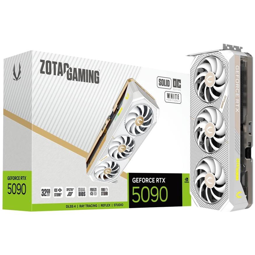 A large main feature product image of ZOTAC Gaming GeForce RTX 5090 Solid OC 32GB GDDR7 - White
