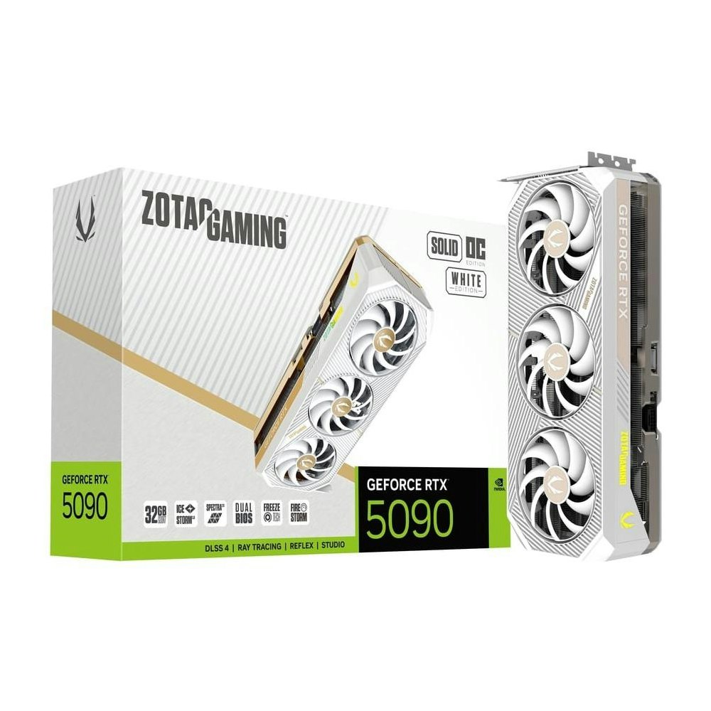 A large main feature product image of ZOTAC Gaming GeForce RTX 5090 Solid OC 32GB GDDR7 - White