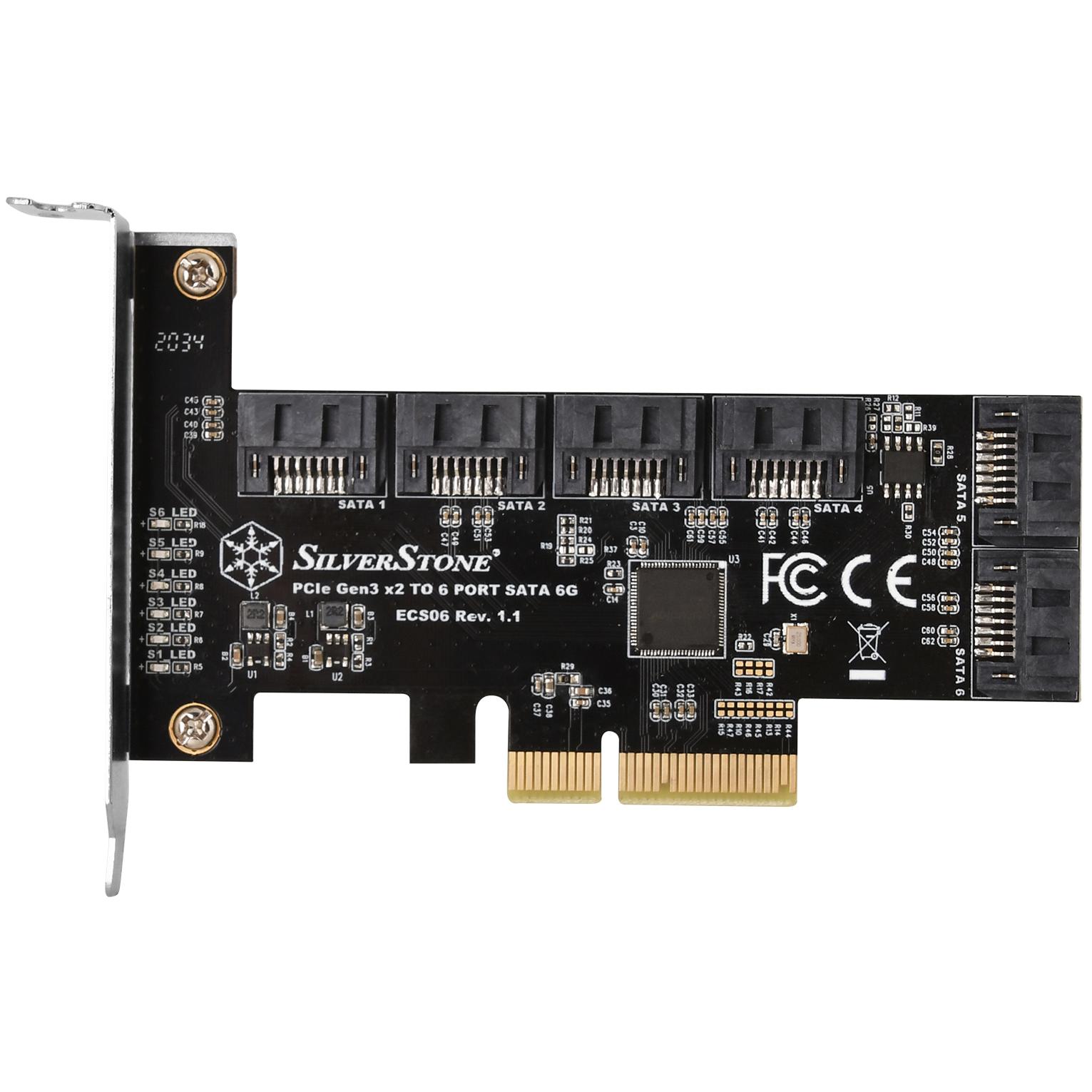 A large main feature product image of SilverStone ECS06 6-Port SATA 3 PCIe Expansion Card