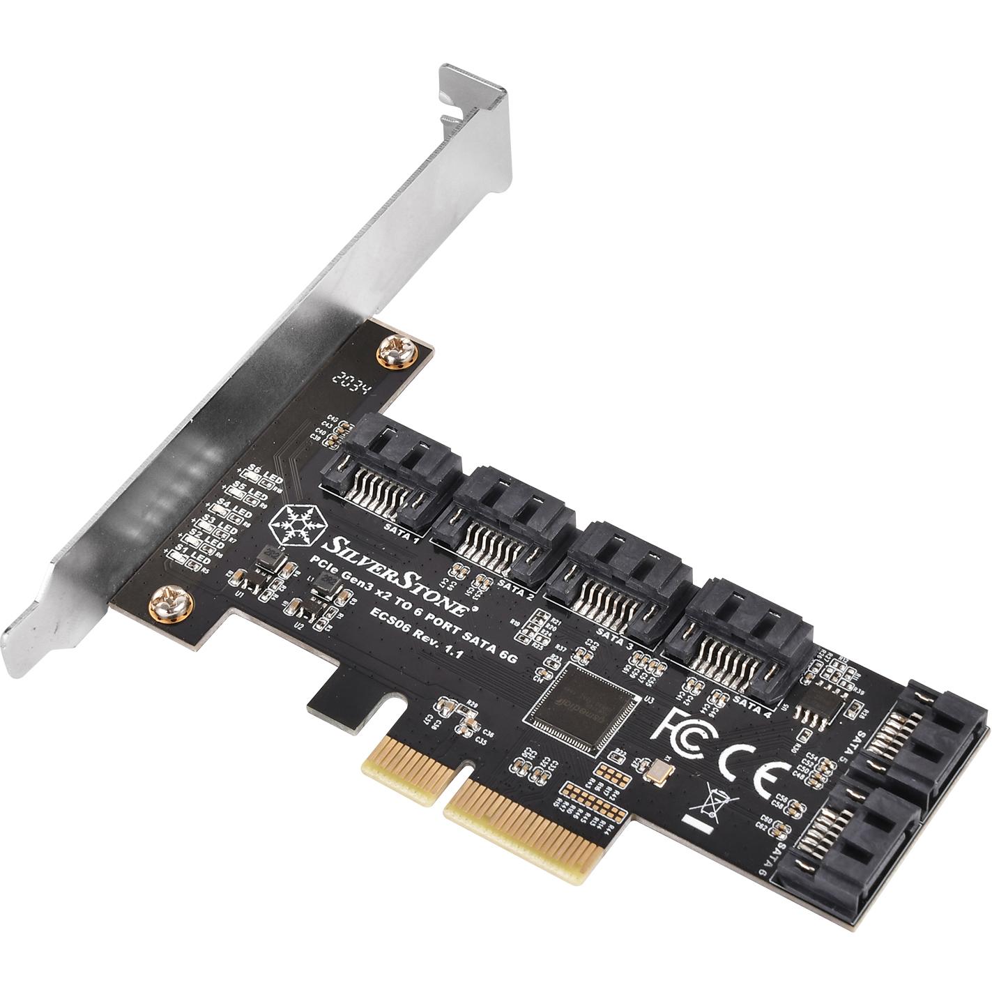 A large main feature product image of SilverStone ECS06 6-Port SATA 3 PCIe Expansion Card