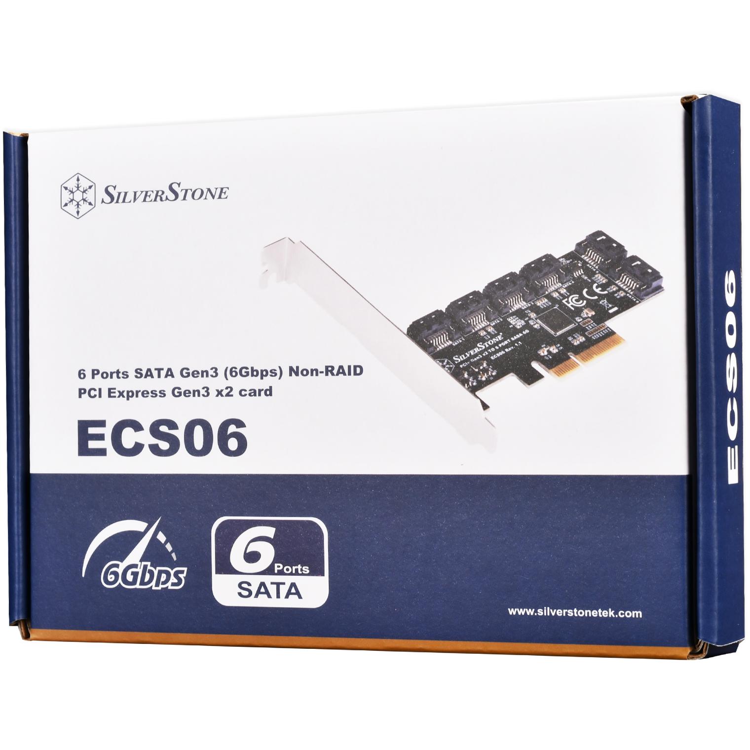 A large main feature product image of SilverStone ECS06 6-Port SATA 3 PCIe Expansion Card