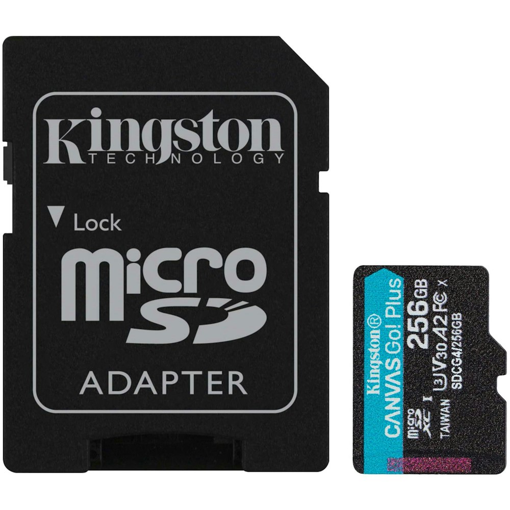 A large main feature product image of Kingston Canvas Go! Plus 256GB microSDXC U3 V30 A2 UHS-I microSD Card