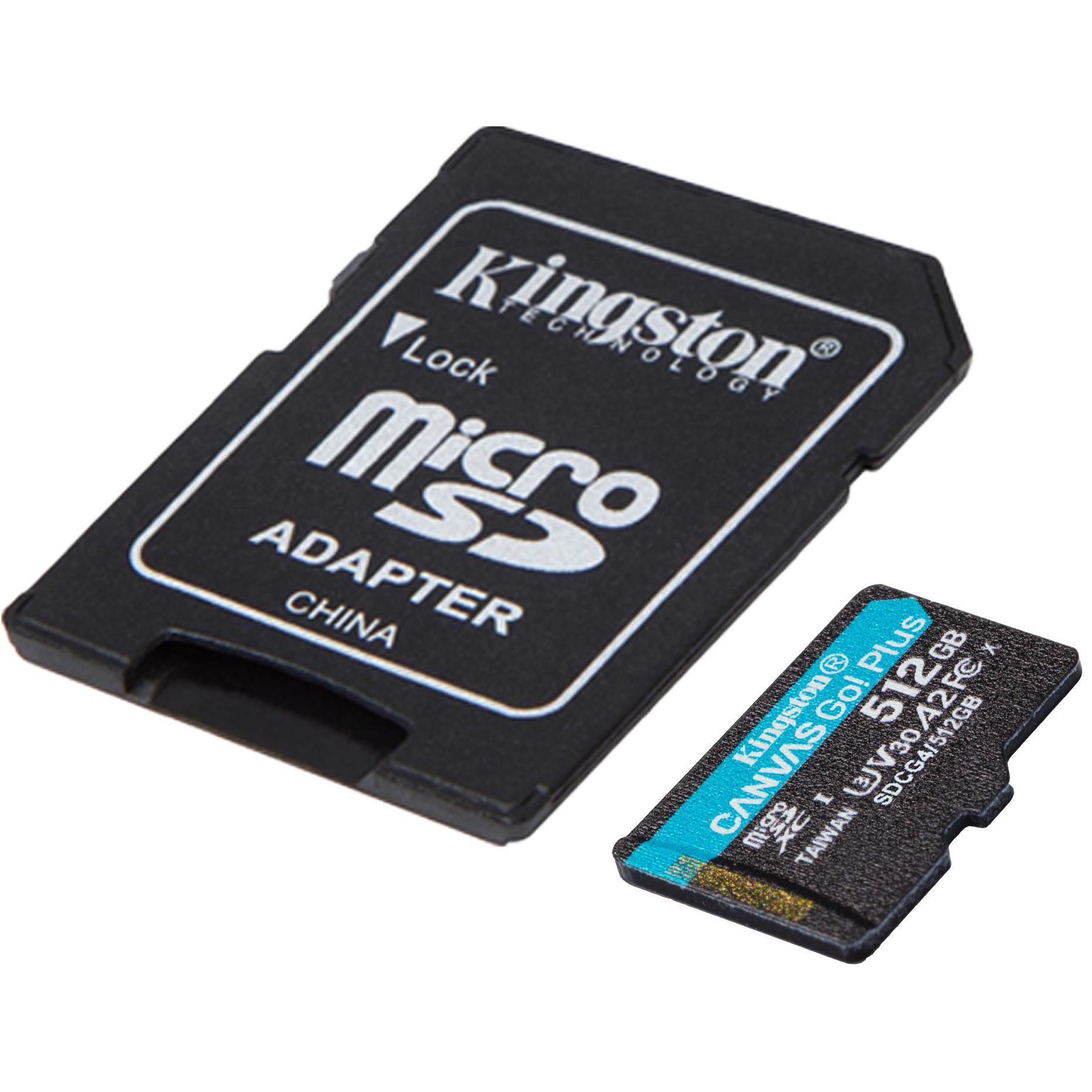 A large main feature product image of Kingston Canvas Go! Plus 512GB microSDXC U3 V30 A2 UHS-I microSD Card