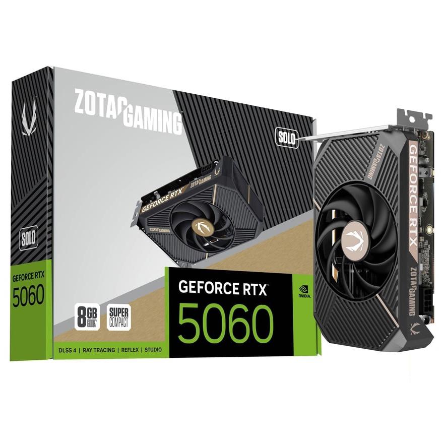 A large main feature product image of ZOTAC Gaming GeForce RTX 5060 Solo 8GB GDDR7