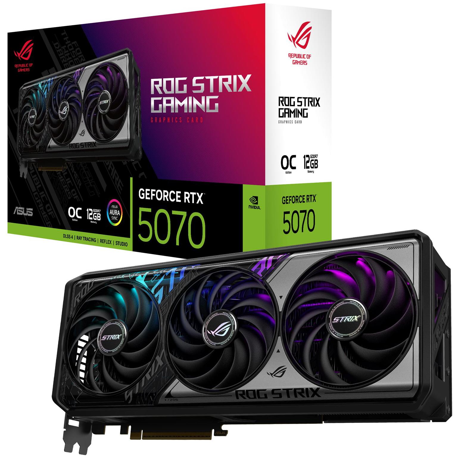 A large main feature product image of ASUS GeForce RTX 5070 ROG Strix OC 12GB GDDR7