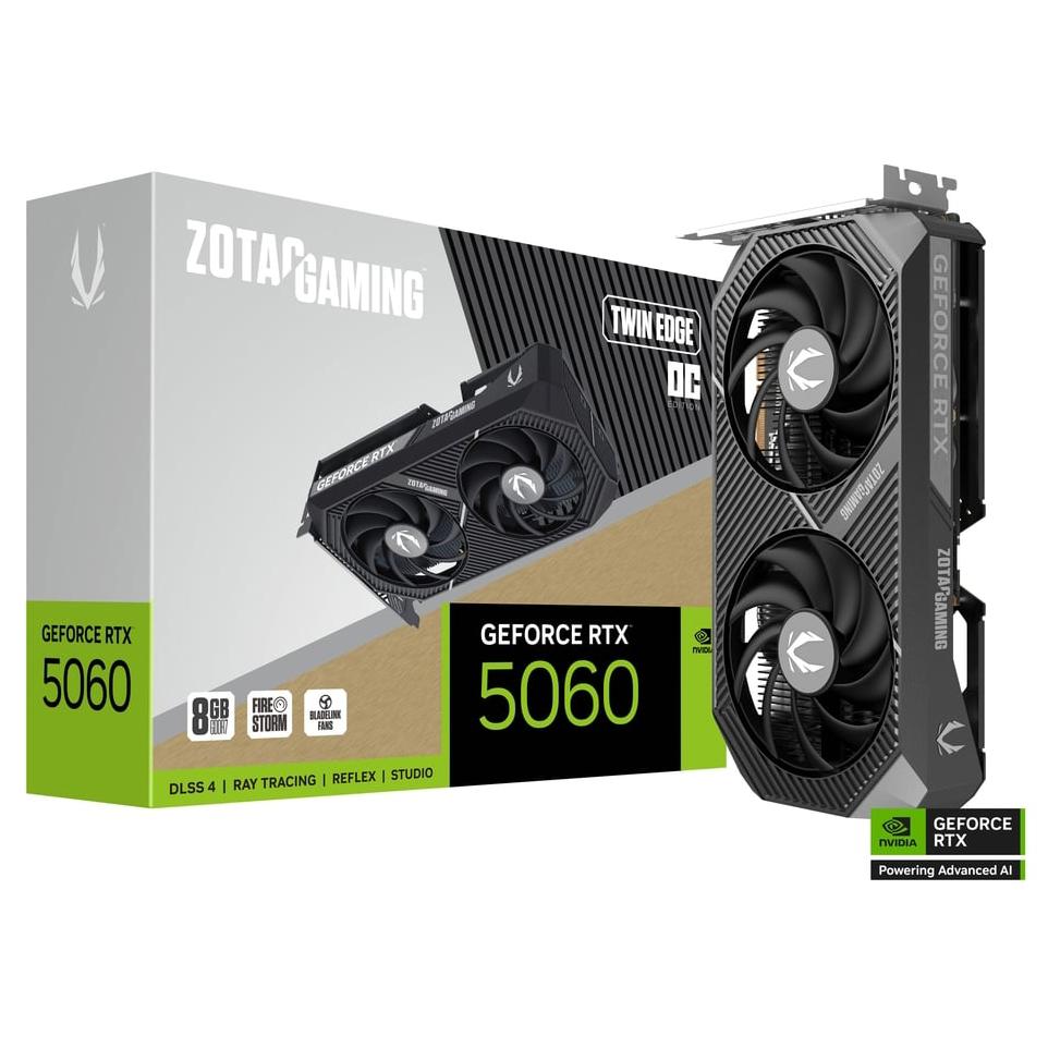 A large main feature product image of ZOTAC Gaming GeForce RTX 5060 AMP 8GB GDDR7