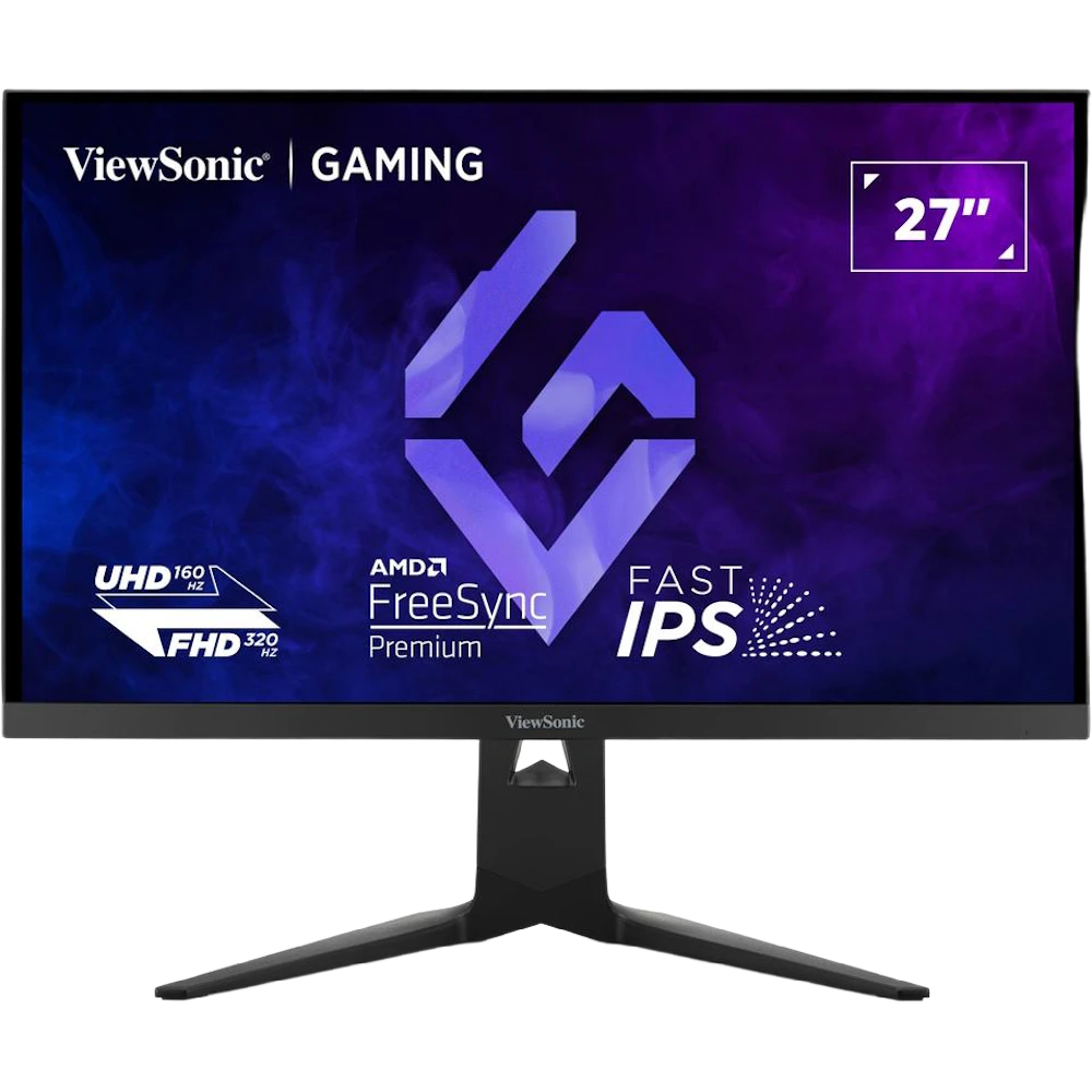 A large main feature product image of ViewSonic XG275D1-4K - 27" 4K 2160p 160Hz / 1080p 320Hz Dual-Mode 0.5ms Fast IPS Gaming Monitor