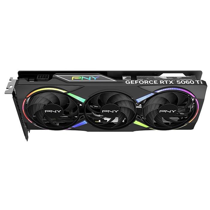 A large main feature product image of PNY GeForce RTX 5060 Ti ARGB OC 16GB GDDR7