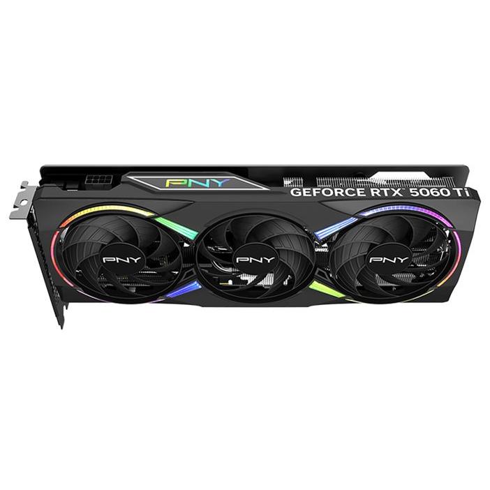 A large main feature product image of PNY GeForce RTX 5060 Ti ARGB OC 8GB GDDR7