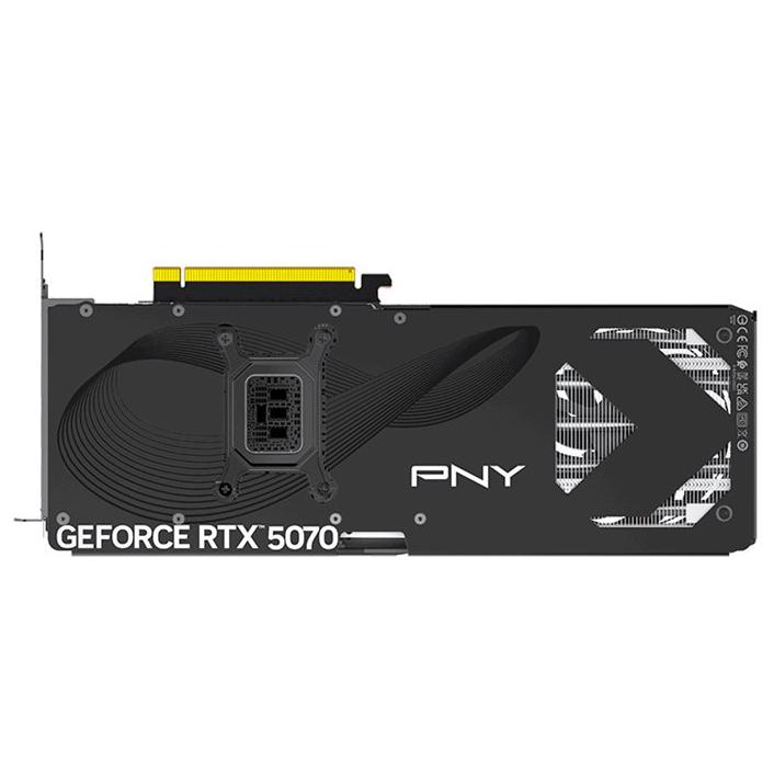 A large main feature product image of PNY GeForce RTX 5070 Triple Fan OC 12GB GDDR7