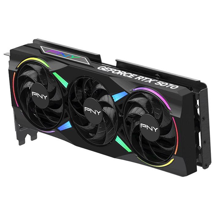 A large main feature product image of PNY GeForce RTX 5070 ARGB OC Triple Fan 12GB GDDR7