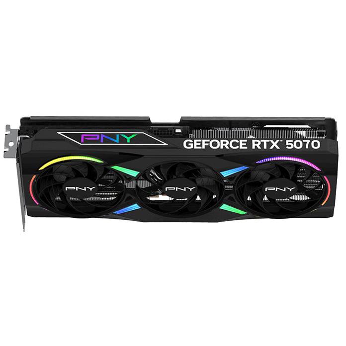 A large main feature product image of PNY GeForce RTX 5070 ARGB OC Triple Fan 12GB GDDR7