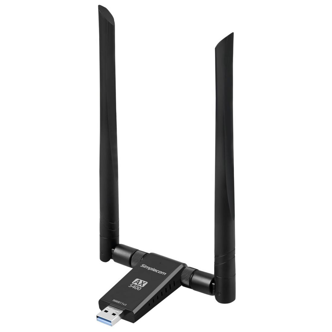 A large main feature product image of Simplecom NW811v3 AX5400 Tri-Band WiFi 6E USB Adapter with 2x 5dBi High Gain Antennas