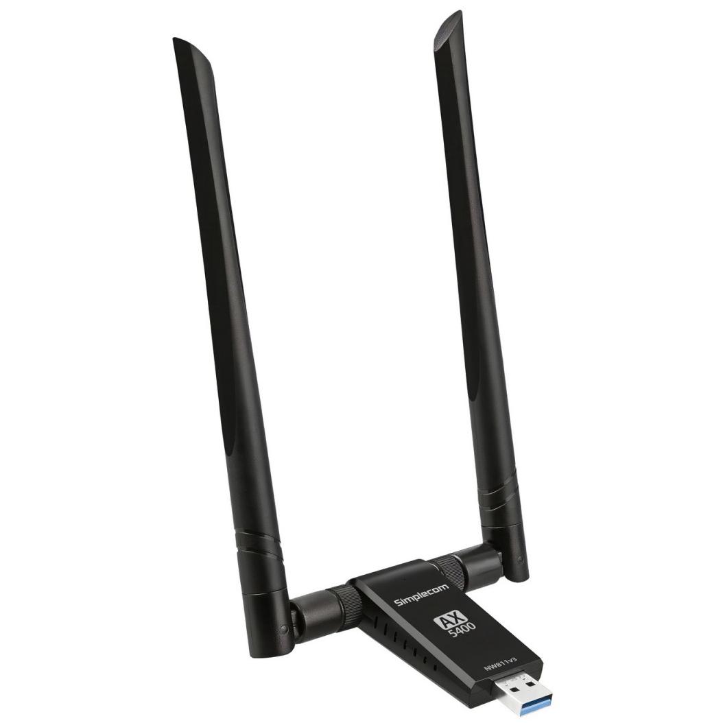 A large main feature product image of Simplecom NW811v3 AX5400 Tri-Band WiFi 6E USB Adapter with 2x 5dBi High Gain Antennas