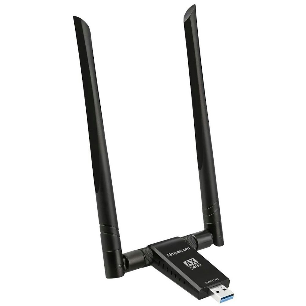 A large main feature product image of Simplecom NW811v3 AX5400 Tri-Band WiFi 6E USB Adapter with 2x 5dBi High Gain Antennas