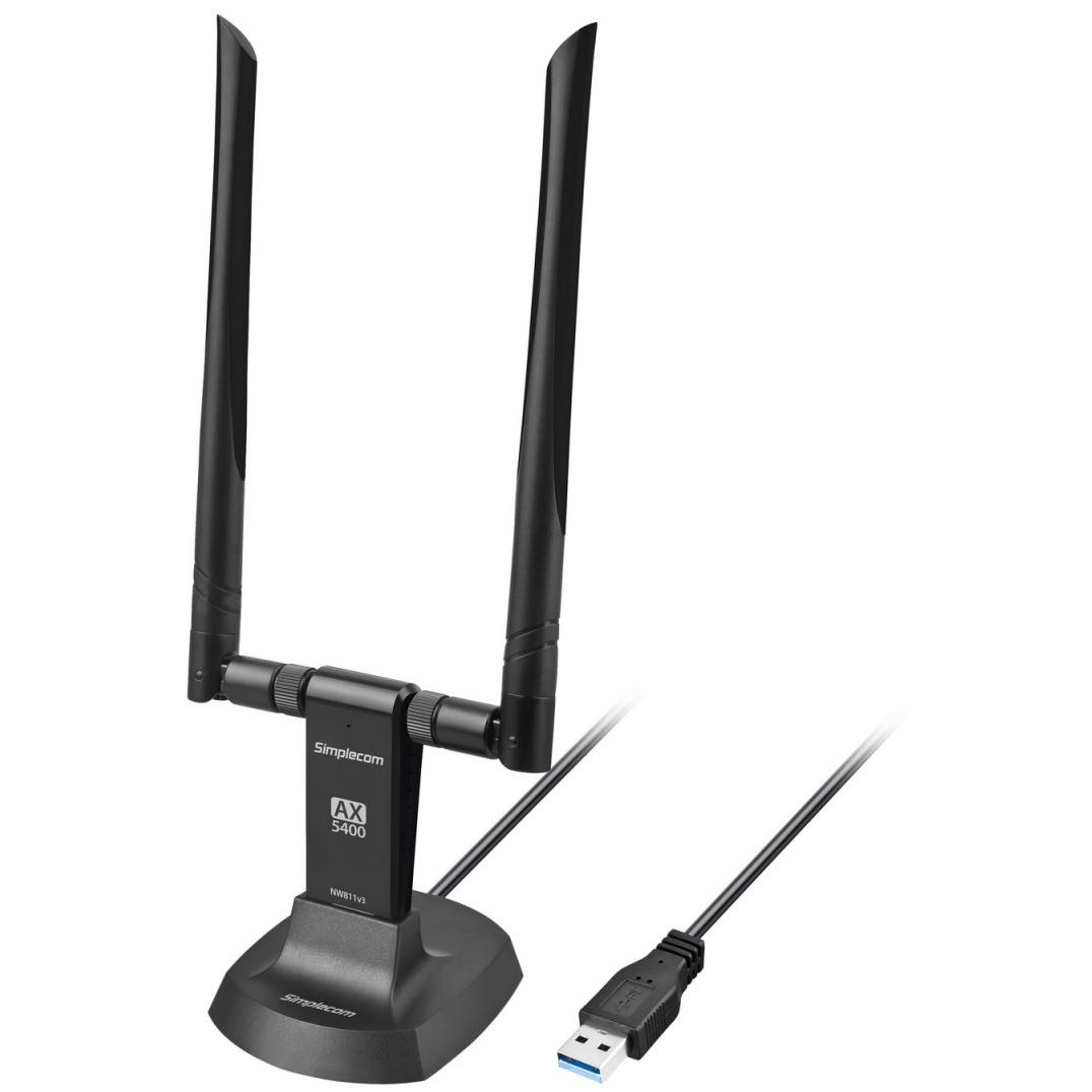 A large main feature product image of Simplecom NW811v3 AX5400 Tri-Band WiFi 6E USB Adapter with 2x 5dBi High Gain Antennas