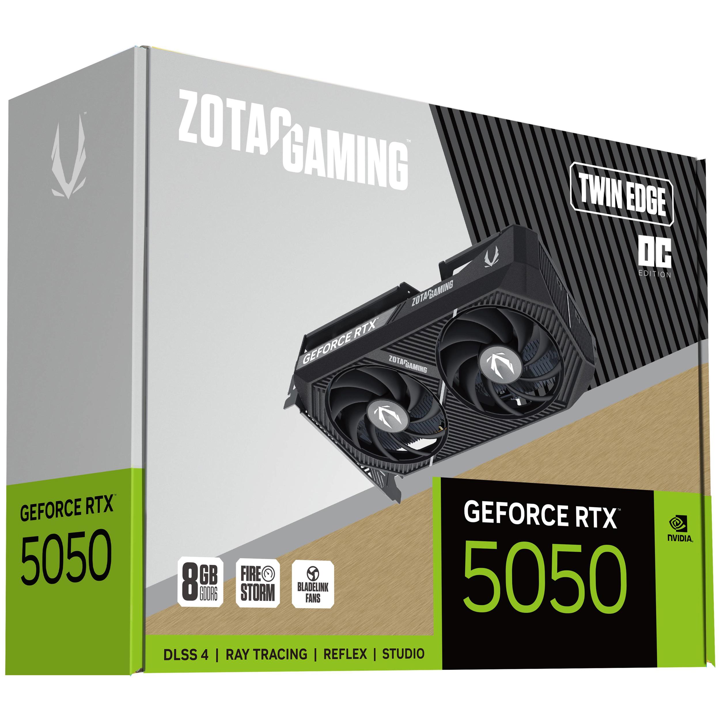 A large main feature product image of ZOTAC Gaming GeForce RTX 5050 Twin Edge OC 8GB GDDR6