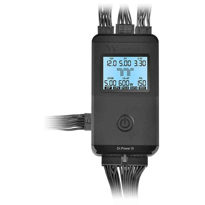 A large main feature product image of Thermaltake Dr. Power III Power Supply Tester