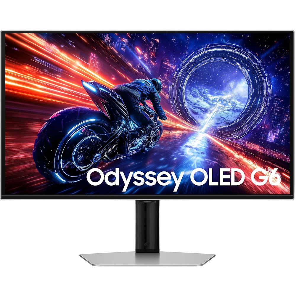 A large main feature product image of Samsung Odyssey OLED G6 G60SF - 27" 1440p 500Hz 0.03ms Gaming Monitor