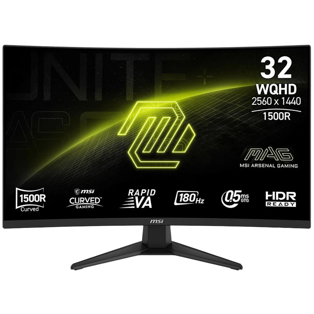 A large main feature product image of MSI MAG 321CQF E18 - 32" Curved 1440p 180Hz 0.5ms Rapid VA Gaming Monitor