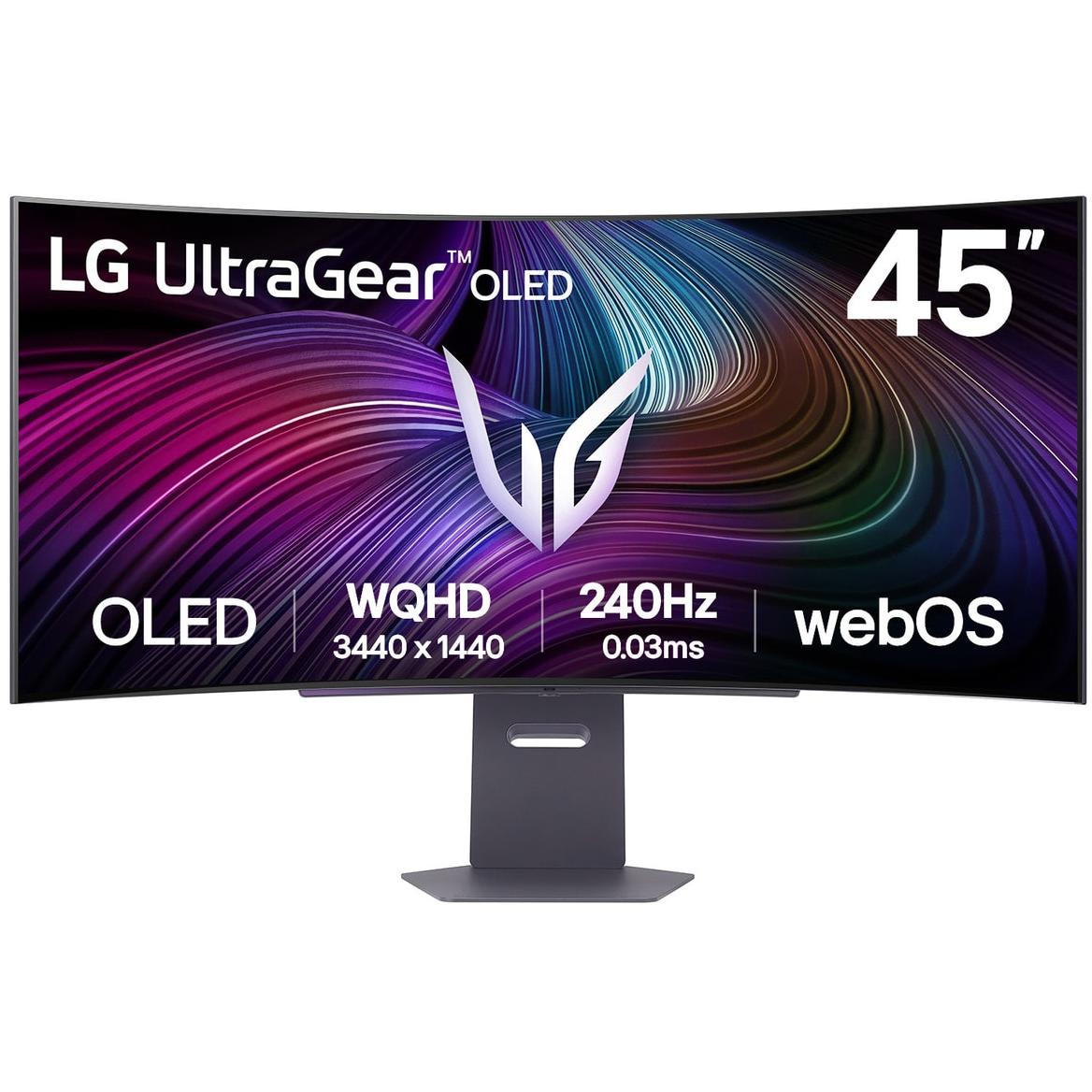 A large main feature product image of LG UltraGear OLED 45GX90SA-B - 45" Curved 1440p Ultrawide 240Hz 0.03ms Gaming Monitor