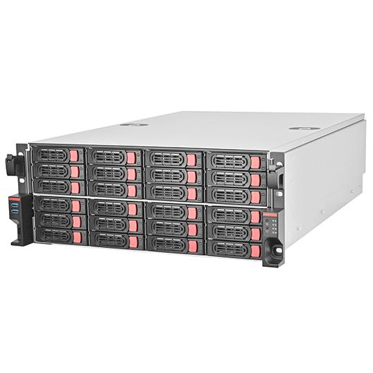 A large main feature product image of SilverStone RM43-324 4U 24-Bay Rackmount Storage Server Chassis w/ Mini-SAS Interface