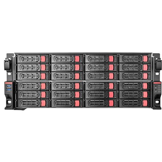 A large main feature product image of SilverStone RM43-324 4U 24-Bay Rackmount Storage Server Chassis w/ Mini-SAS Interface