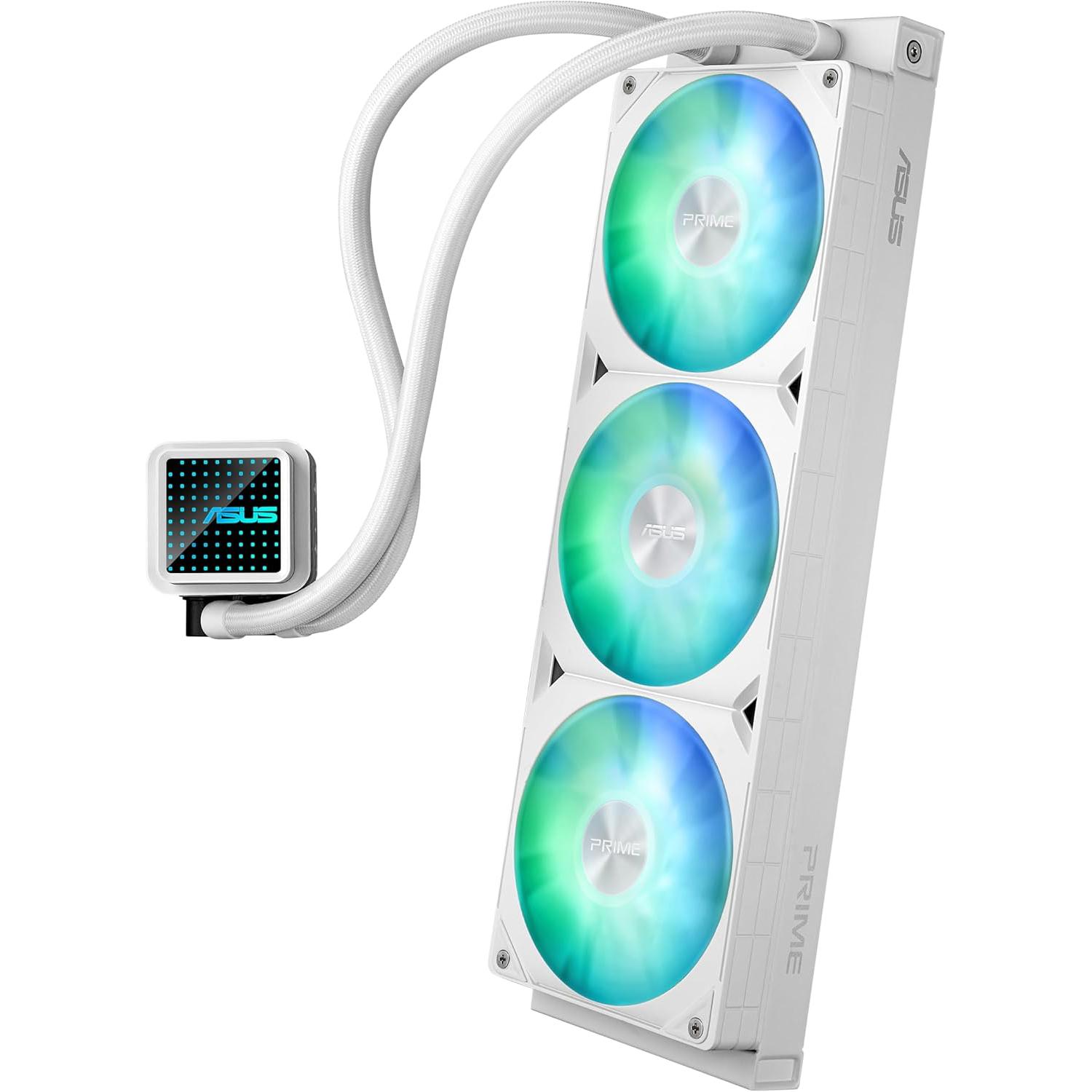 A large main feature product image of ASUS PRIME LC 360 ARGB 360mm AIO Liquid CPU Cooler - White
