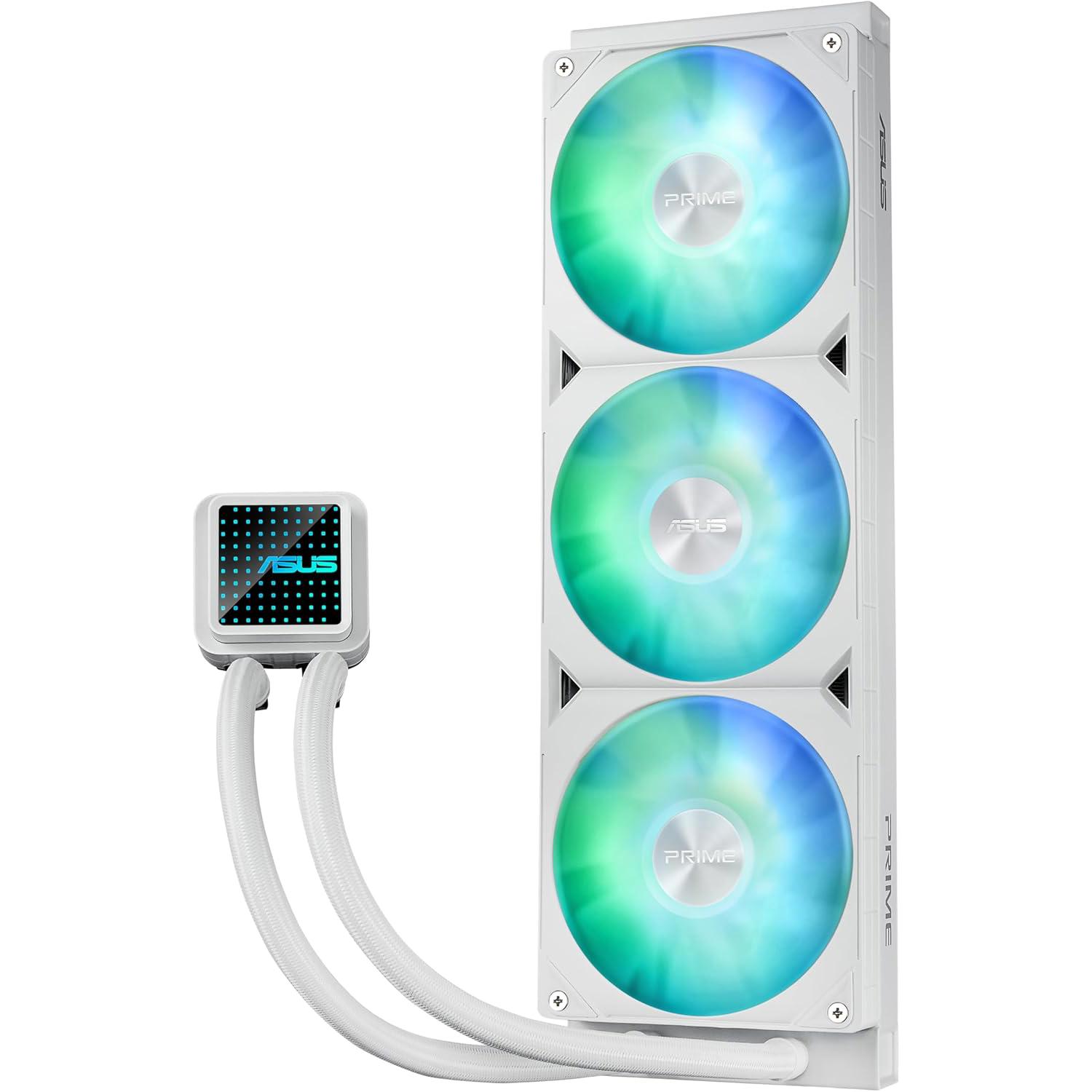 A large main feature product image of ASUS PRIME LC 360 ARGB 360mm AIO Liquid CPU Cooler - White
