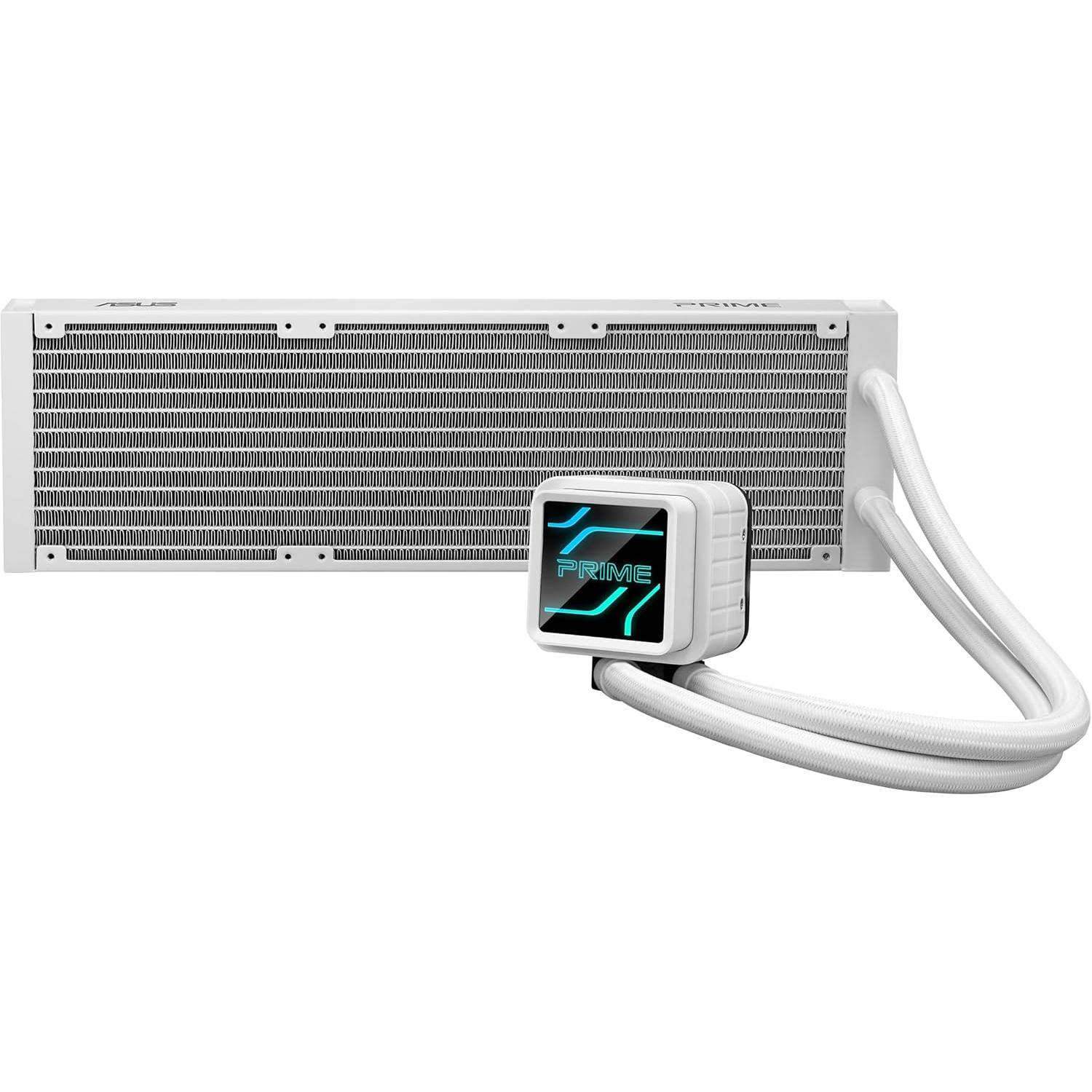 A large main feature product image of ASUS PRIME LC 360 ARGB 360mm AIO Liquid CPU Cooler - White